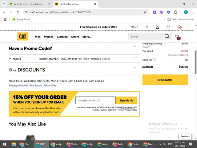 Cat Footwear US checkout page showing Cat Footwear US promo code box | Screenshot taken by SimplyCodes community member on Jul 27, 2025