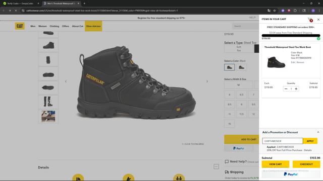 Cat Footwear US checkout page showing Cat Footwear US promo code box | Screenshot taken by SimplyCodes community member on Sep 9, 2025