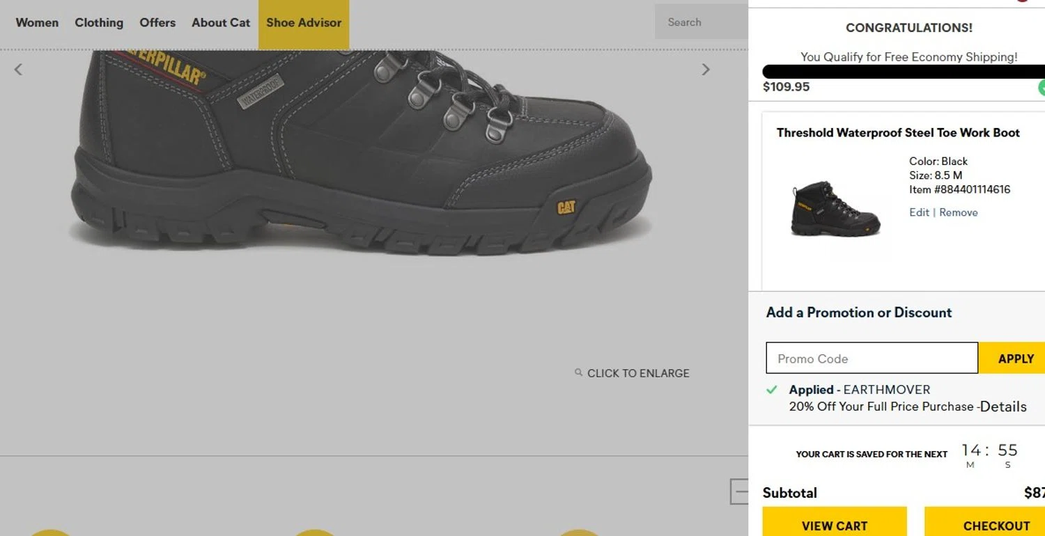 Cat Footwear US promo code screenshot showing code EARTHMOVER applied at Cat Footwear US checkout page. Uploaded by SimplyCodes community member ThornPrincess on May 5, 2025