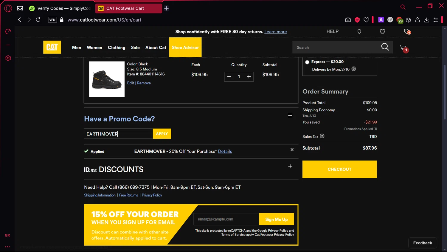 Cat Footwear US promo code screenshot showing code EARTHMOVER applied at Cat Footwear US checkout page. Uploaded by SimplyCodes community member comidaparallevar on Feb 4, 2025