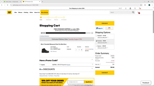 Cat Footwear US checkout page showing Cat Footwear US promo code box | Screenshot taken by SimplyCodes community member on Jul 30, 2025