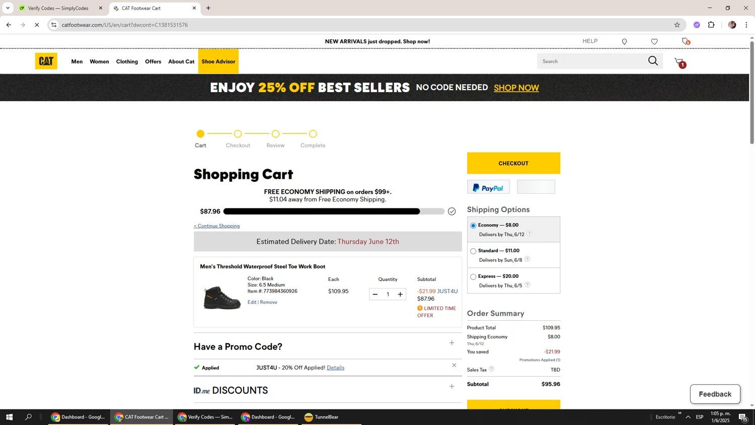 Cat Footwear US promo code screenshot showing code JUST4U applied at Cat Footwear US checkout page. Uploaded by SimplyCodes community member Levi_Ackerman on Jun 1, 2025