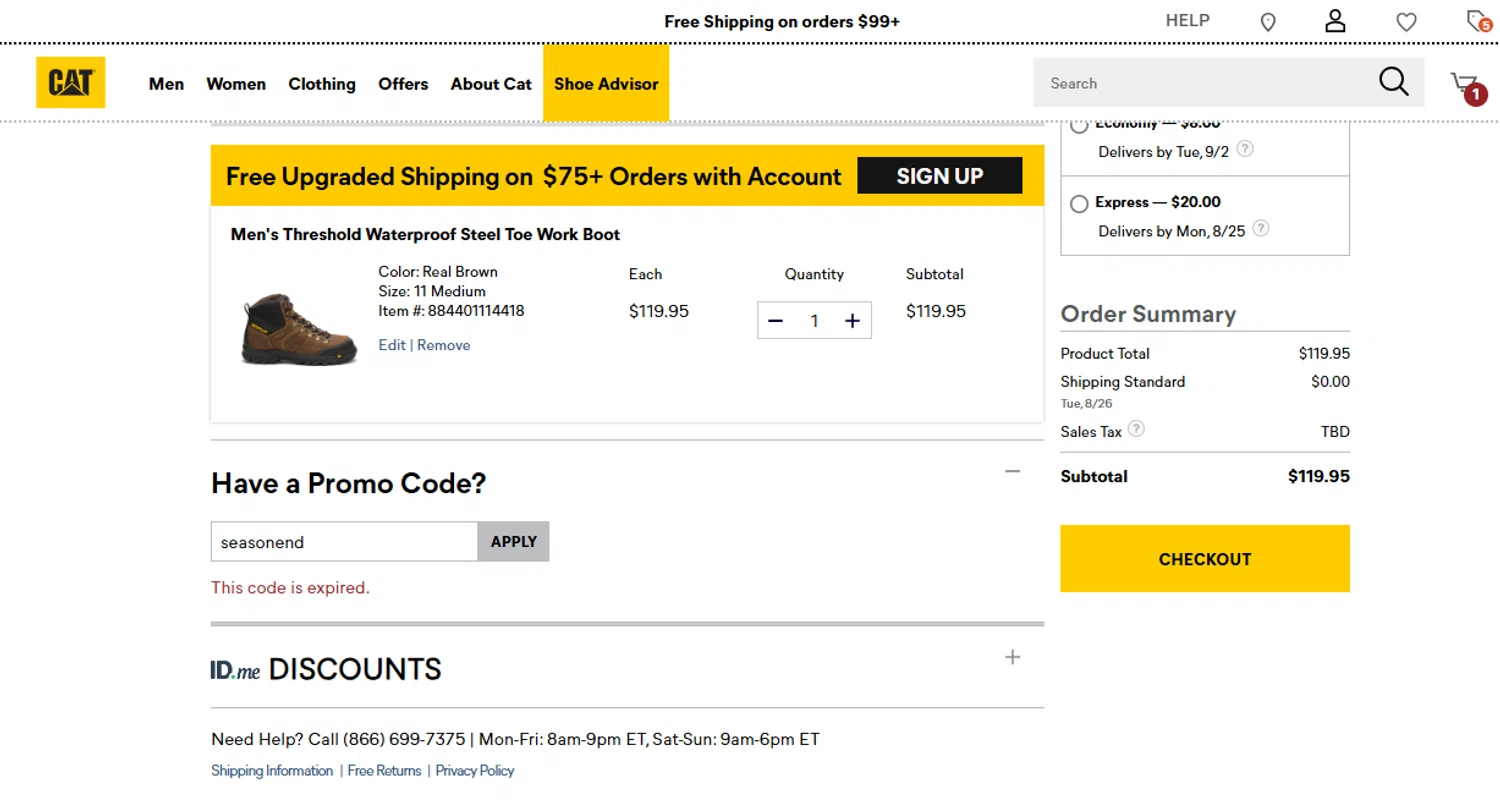 Cat Footwear US promo code screenshot showing code seasonend applied at Cat Footwear US checkout page. Uploaded by SimplyCodes community member CleverMaverick6991 on Aug 20, 2025