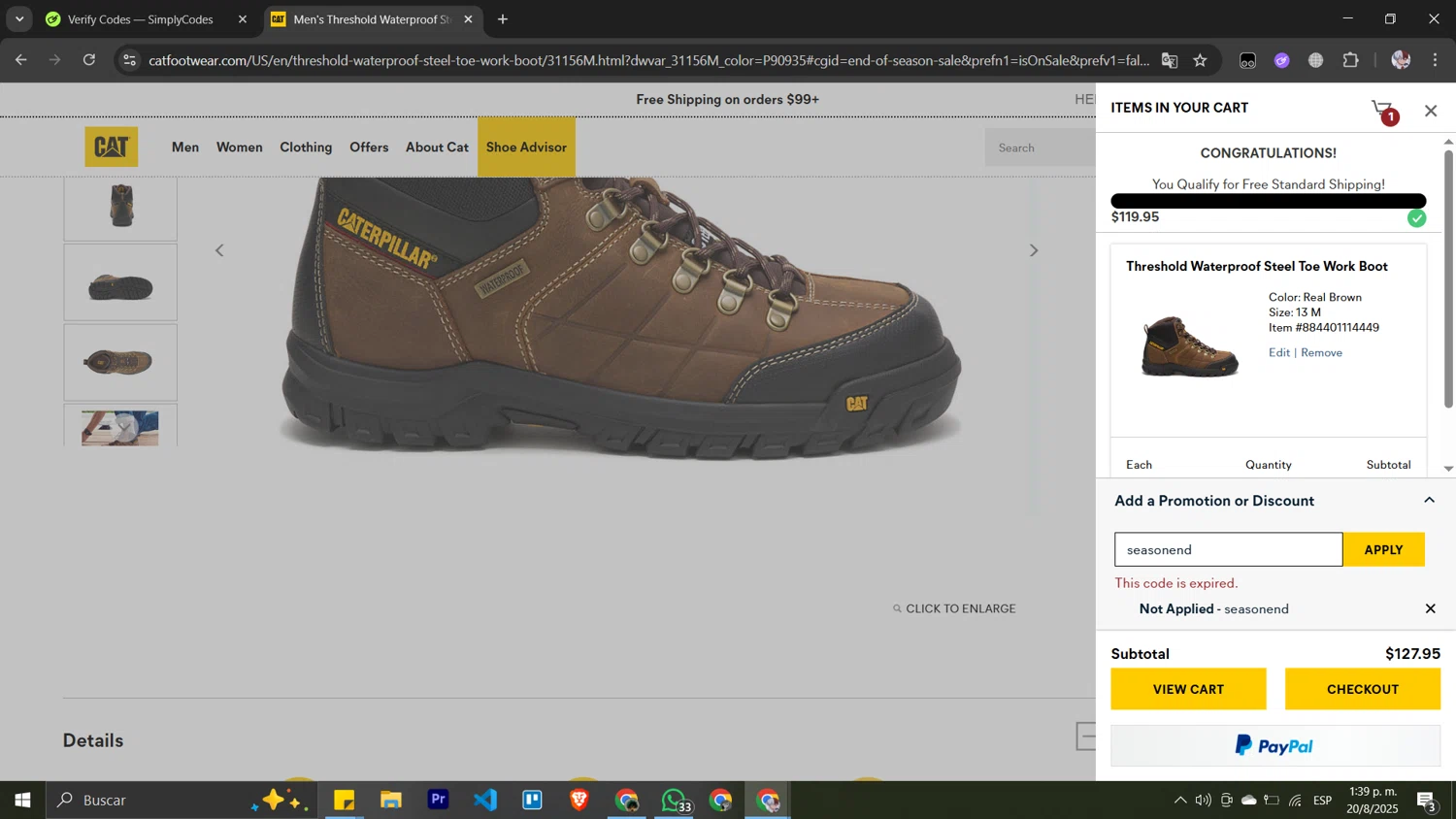 Cat Footwear US promo code screenshot showing code seasonend applied at Cat Footwear US checkout page. Uploaded by SimplyCodes community member Pansito on Aug 20, 2025