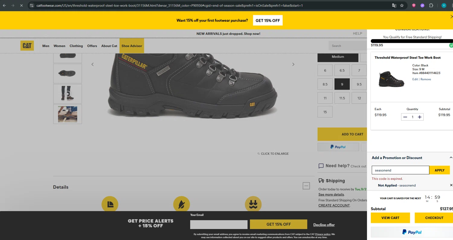 Cat Footwear US promo code screenshot showing code seasonend applied at Cat Footwear US checkout page. Uploaded by SimplyCodes community member ValueTiger695 on Aug 20, 2025