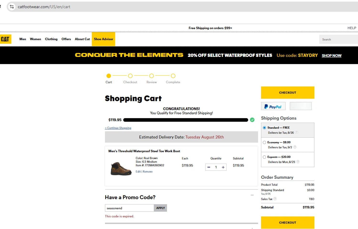 Cat Footwear US promo code screenshot showing code seasonend applied at Cat Footwear US checkout page. Uploaded by SimplyCodes community member YHLQMDLGN on Aug 20, 2025