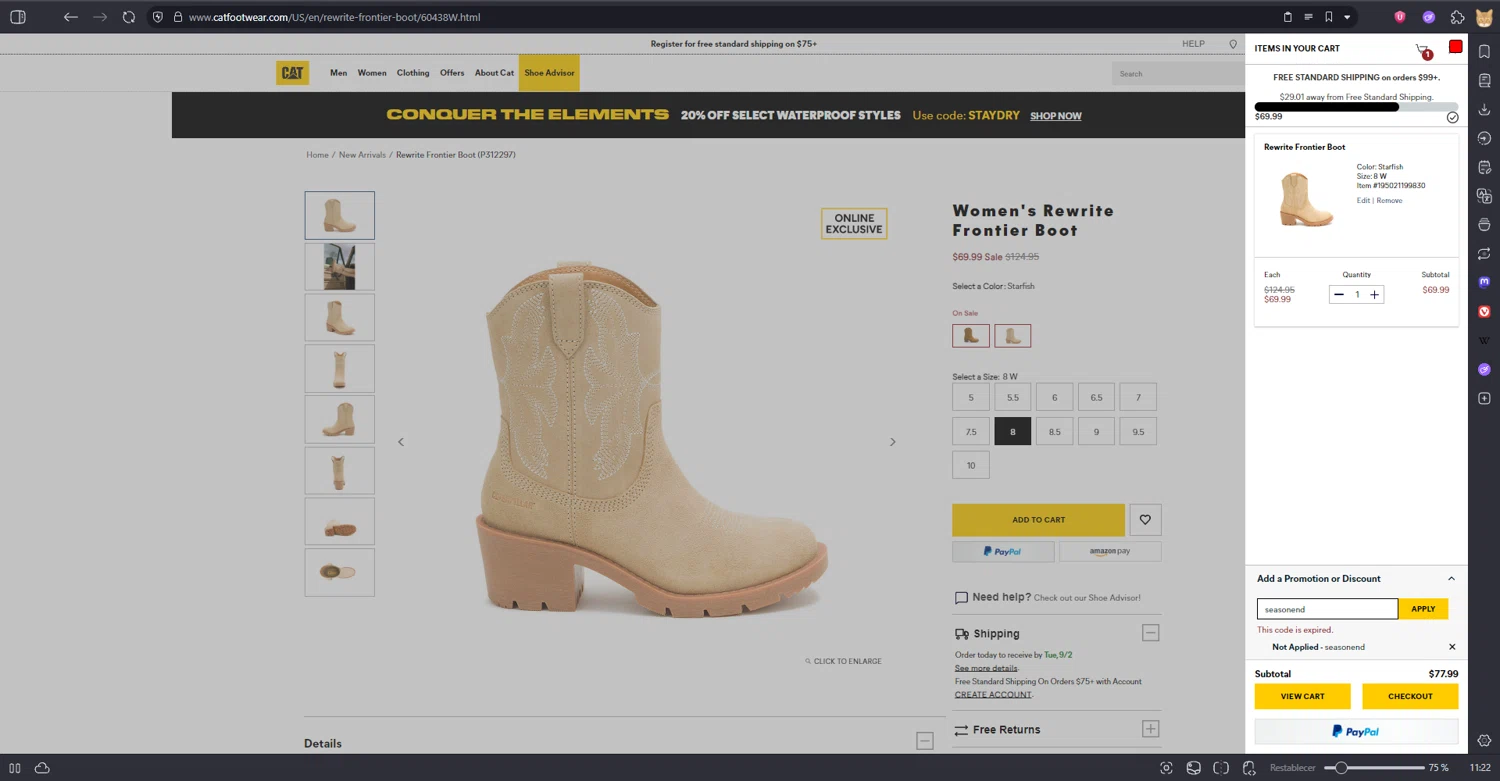 Cat Footwear US promo code screenshot showing code seasonend applied at Cat Footwear US checkout page. Uploaded by SimplyCodes community member kaiser2 on Aug 20, 2025
