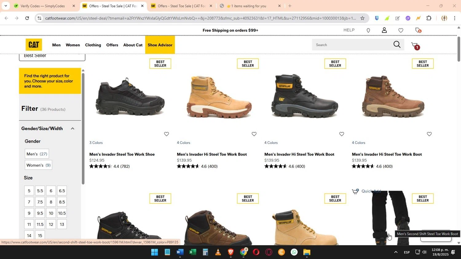 Cat Footwear US promo code screenshot showing code STEELDEAL applied at Cat Footwear US checkout page. Uploaded by SimplyCodes community member Elimix on Aug 19, 2025