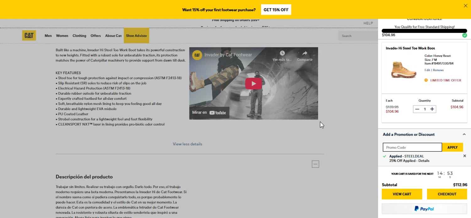 Cat Footwear US promo code screenshot showing code STEELDEAL applied at Cat Footwear US checkout page. Uploaded by SimplyCodes community member Prospecto on Aug 19, 2025