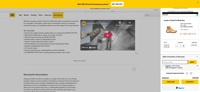 Cat Footwear US checkout page showing Cat Footwear US promo code box | Screenshot taken by SimplyCodes community member on Aug 19, 2025