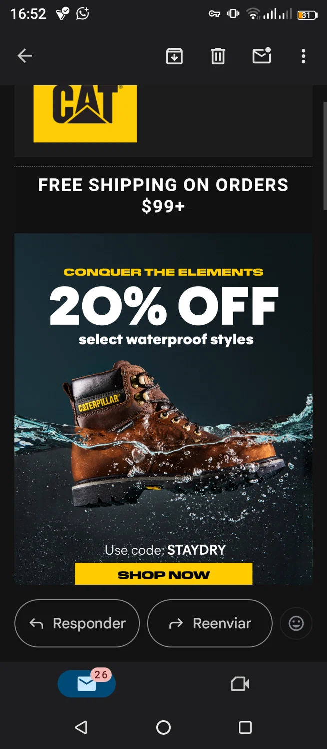 Cat Footwear US promo code screenshot showing code STAYDRY applied at Cat Footwear US checkout page. Uploaded by SimplyCodes community member jimmytheis on Aug 18, 2025