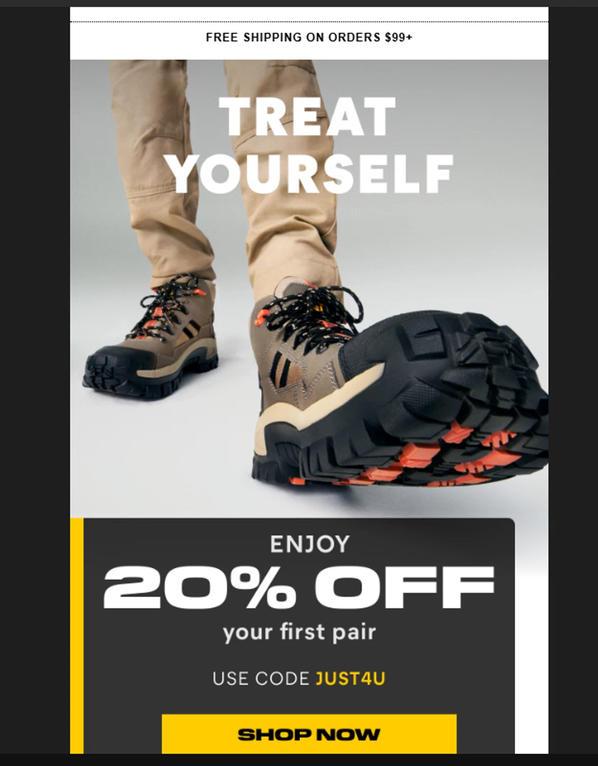 Cat Footwear US promo code screenshot showing code JUST4U applied at Cat Footwear US checkout page. Uploaded by SimplyCodes community member ______ on Jun 1, 2025
