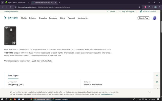 Cathay Pacific Airways checkout page showing Cathay Pacific Airways promo code box | Screenshot taken by SimplyCodes community member on Sep 14, 2025