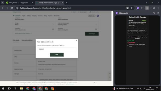 Cathay Pacific Airways checkout page showing Cathay Pacific Airways promo code box | Screenshot taken by SimplyCodes community member on Sep 2, 2025