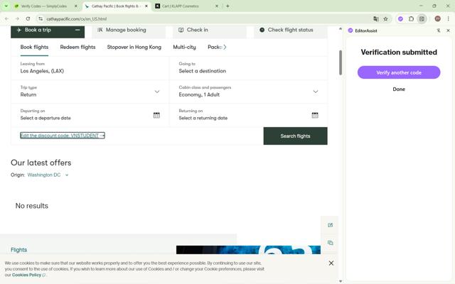 Cathay Pacific Airways checkout page showing Cathay Pacific Airways promo code box | Screenshot taken by SimplyCodes community member on Sep 8, 2025