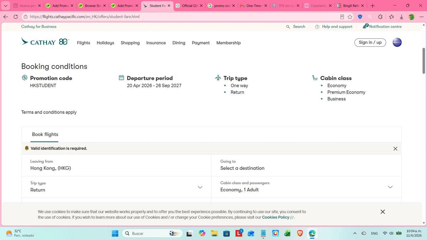 Cathay Pacific Airways promo code screenshot showing code HKSTUDENT applied at Cathay Pacific Airways checkout page. Uploaded by SimplyCodes community member cosita on Jun 11, 2026