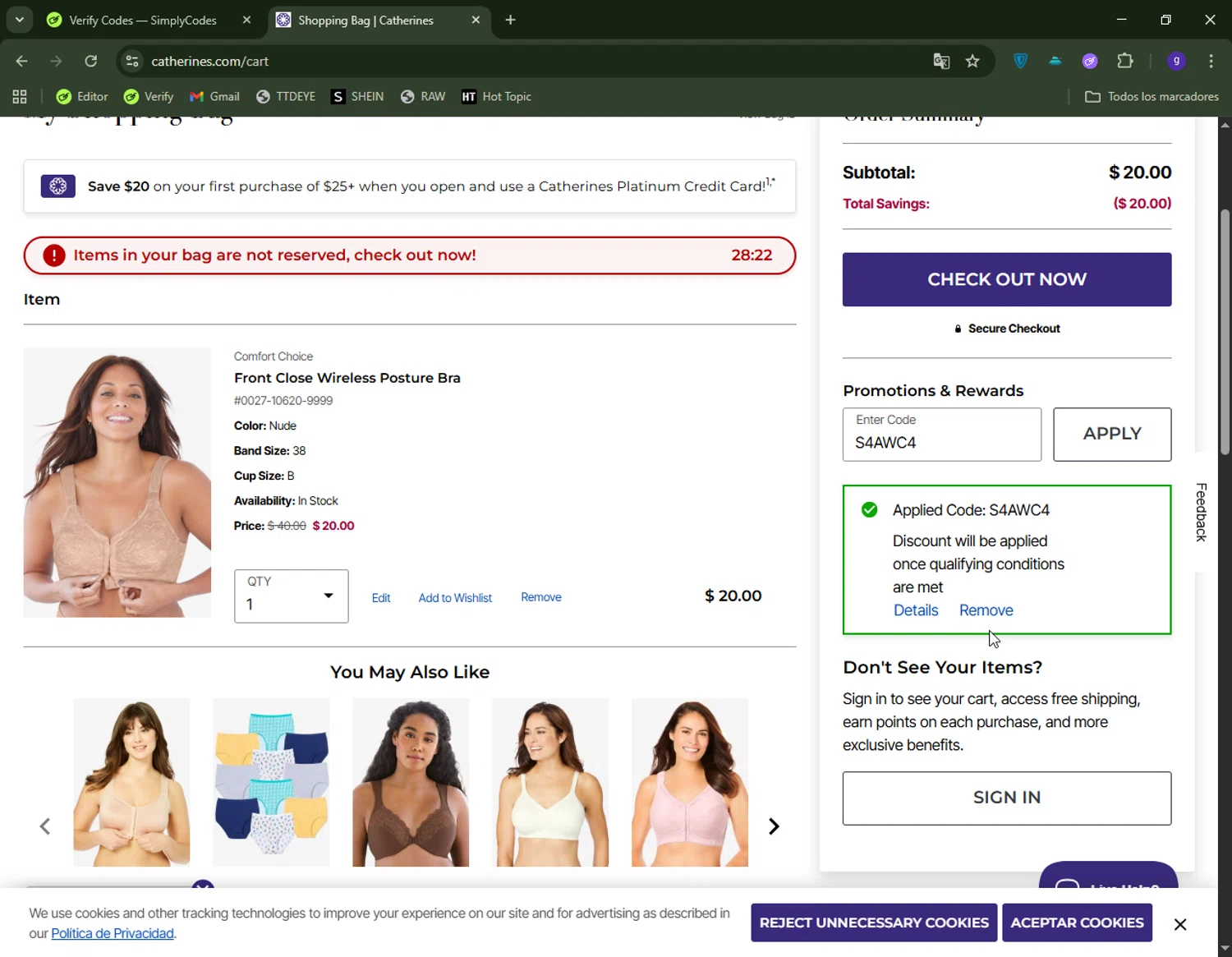 Catherines promo code screenshot showing code S4AWC4 applied at Catherines checkout page. Uploaded by SimplyCodes community member CapitanCentella on Aug 26, 2025