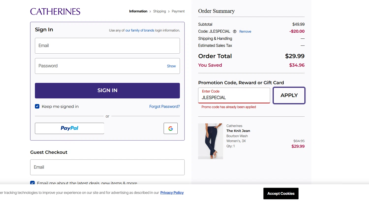 Catherines promo code screenshot showing code JLESPECIAL applied at Catherines checkout page. Uploaded by SimplyCodes community member ArizaJuan on Jan 27, 2025
