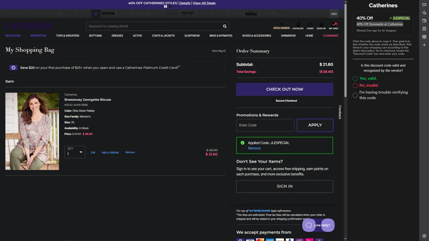 Catherines promo code screenshot showing code JLESPECIAL applied at Catherines checkout page. Uploaded by SimplyCodes community member POWERRANGERRED on Jun 22, 2025
