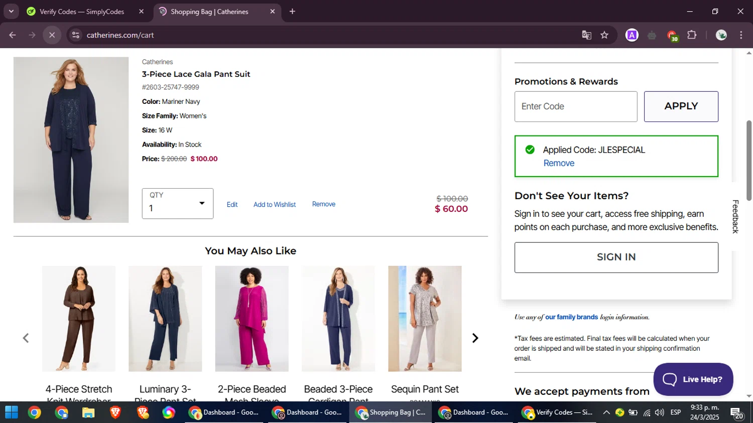 Catherines promo code screenshot showing code JLESPECIAL applied at Catherines checkout page. Uploaded by SimplyCodes community member SmartMaverick5327 on Mar 25, 2025