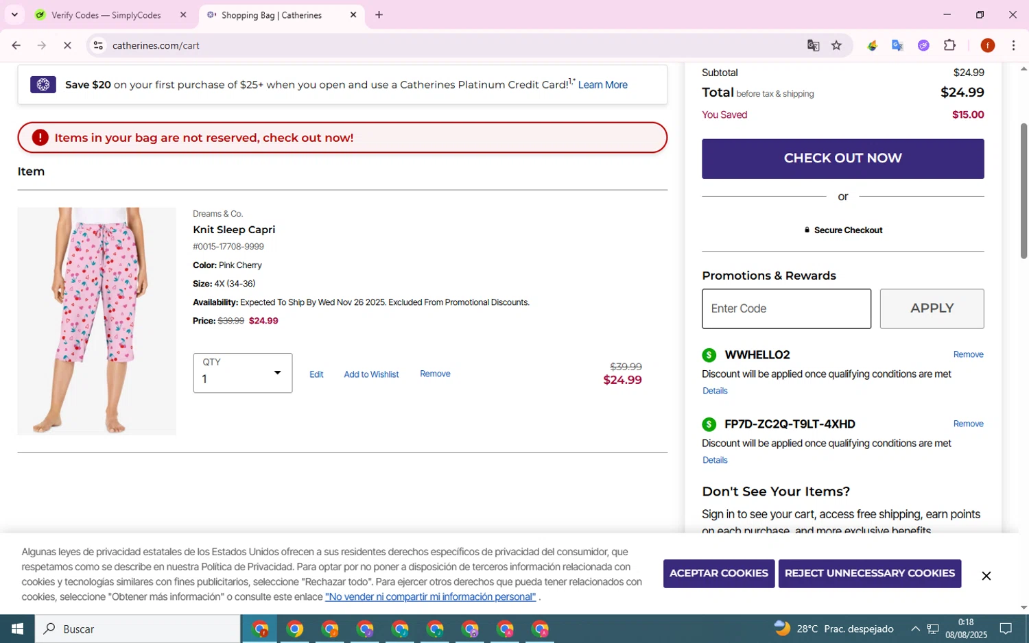 Catherines promo code screenshot showing code WWHELLO2 applied at Catherines checkout page. Uploaded by SimplyCodes community member Collug on Aug 8, 2025