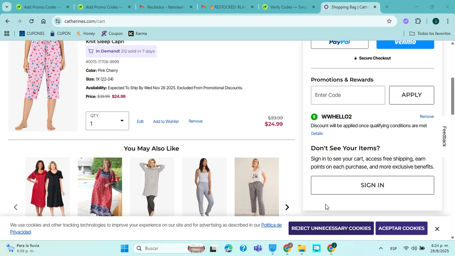 Catherines promo code screenshot showing code WWHELLO2 applied at Catherines checkout page. Uploaded by SimplyCodes community member jorgejavierherrera on Aug 29, 2025