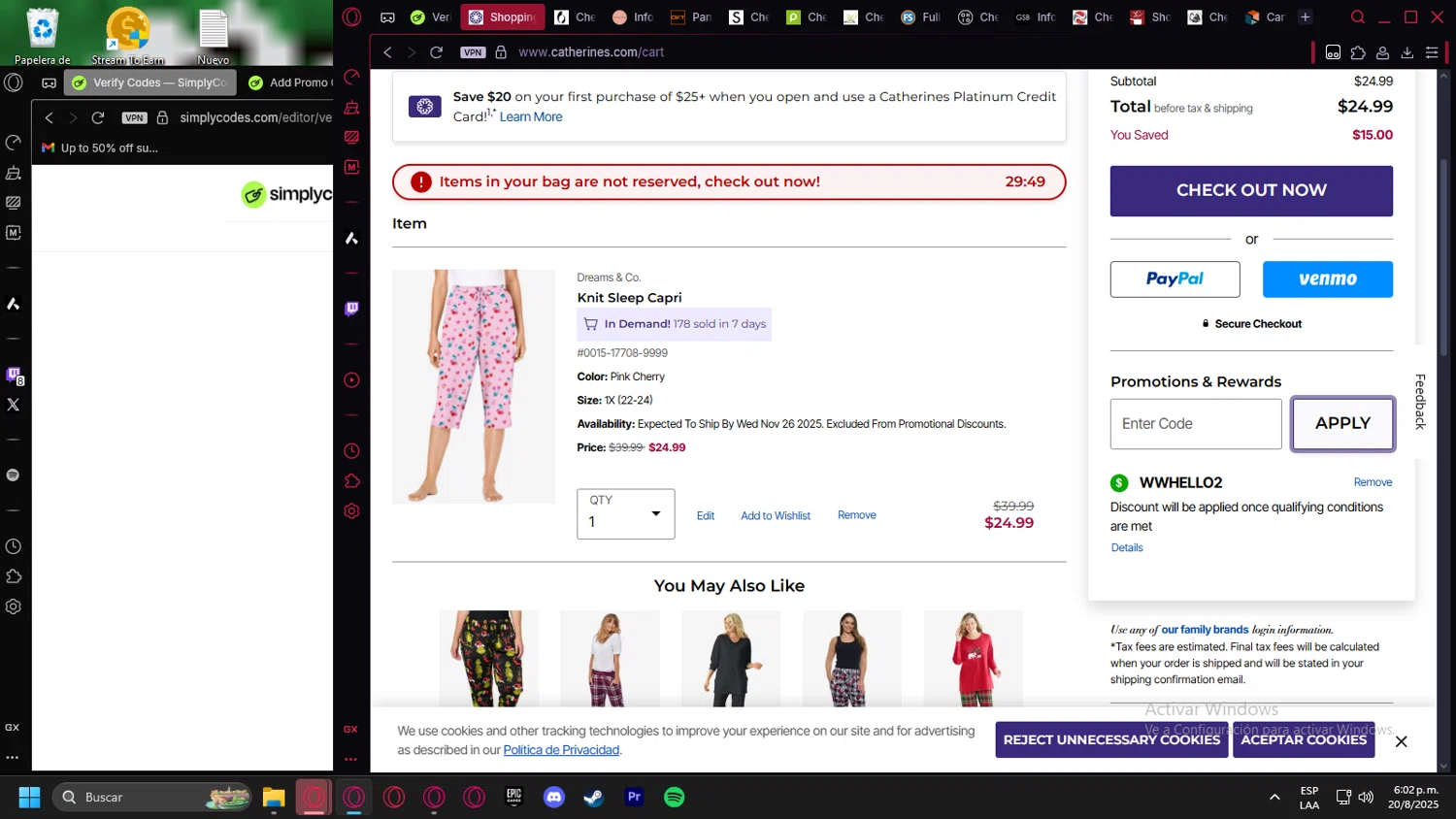 Catherines promo code screenshot showing code WWHELLO2 applied at Catherines checkout page. Uploaded by SimplyCodes community member leonardocamacho2 on Aug 20, 2025