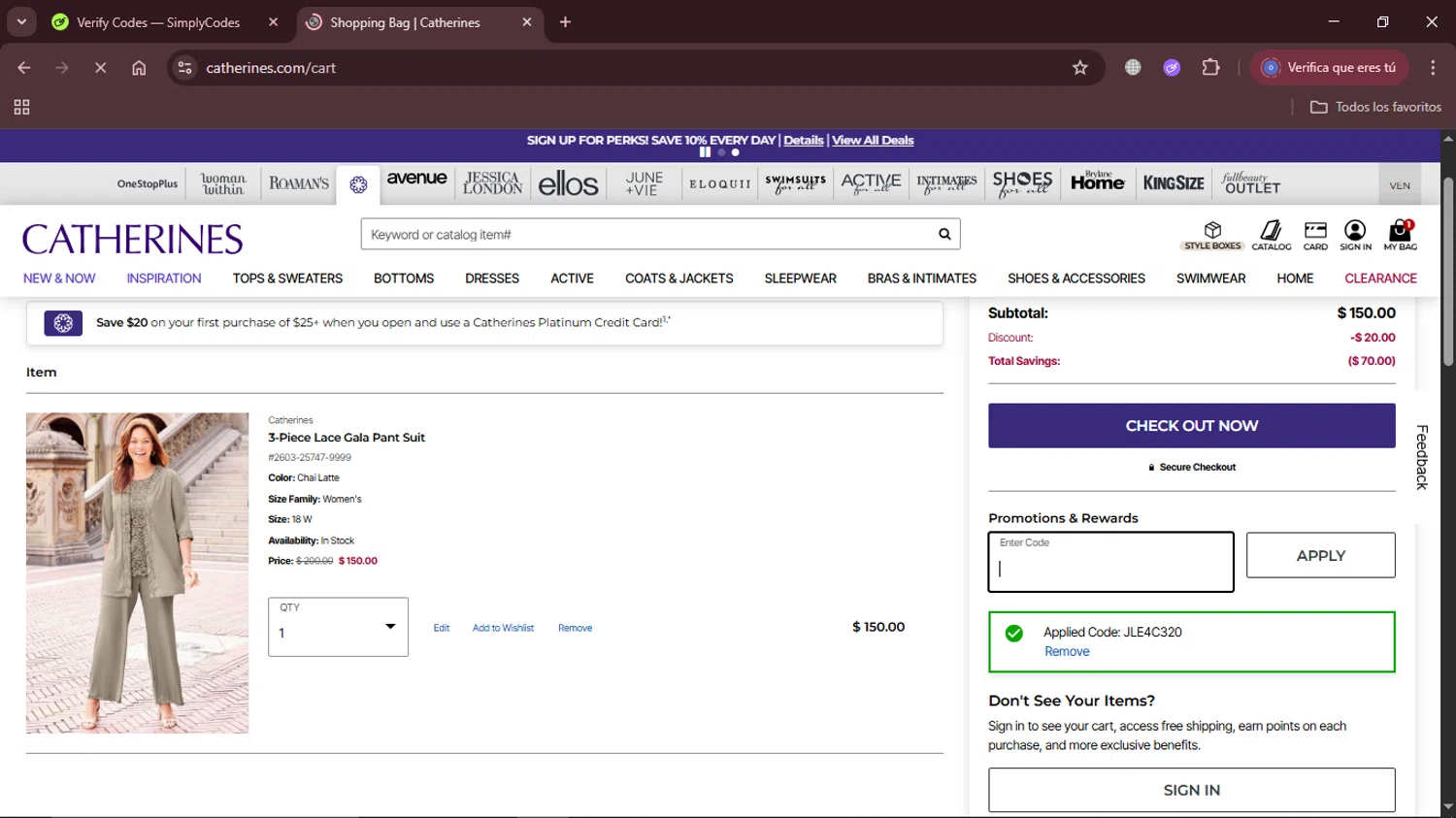 Catherines promo code screenshot showing code JLE4C320 applied at Catherines checkout page. Uploaded by SimplyCodes community member MightyEagle390 on May 22, 2025