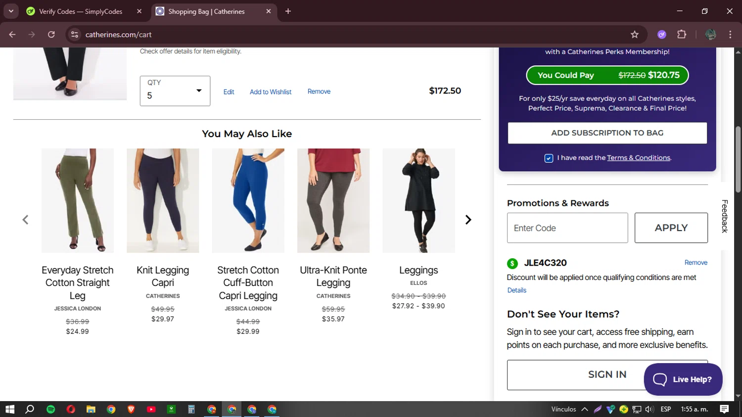 Catherines promo code screenshot showing code JLE4C320 applied at Catherines checkout page. Uploaded by SimplyCodes community member Mr_Allighieri on May 8, 2025