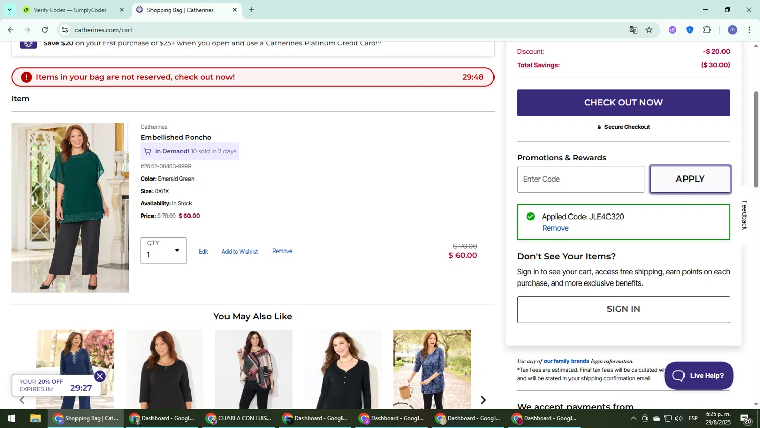 Catherines promo code screenshot showing code JLE4C320 applied at Catherines checkout page. Uploaded by SimplyCodes community member QuestDefender2661 on Aug 29, 2025