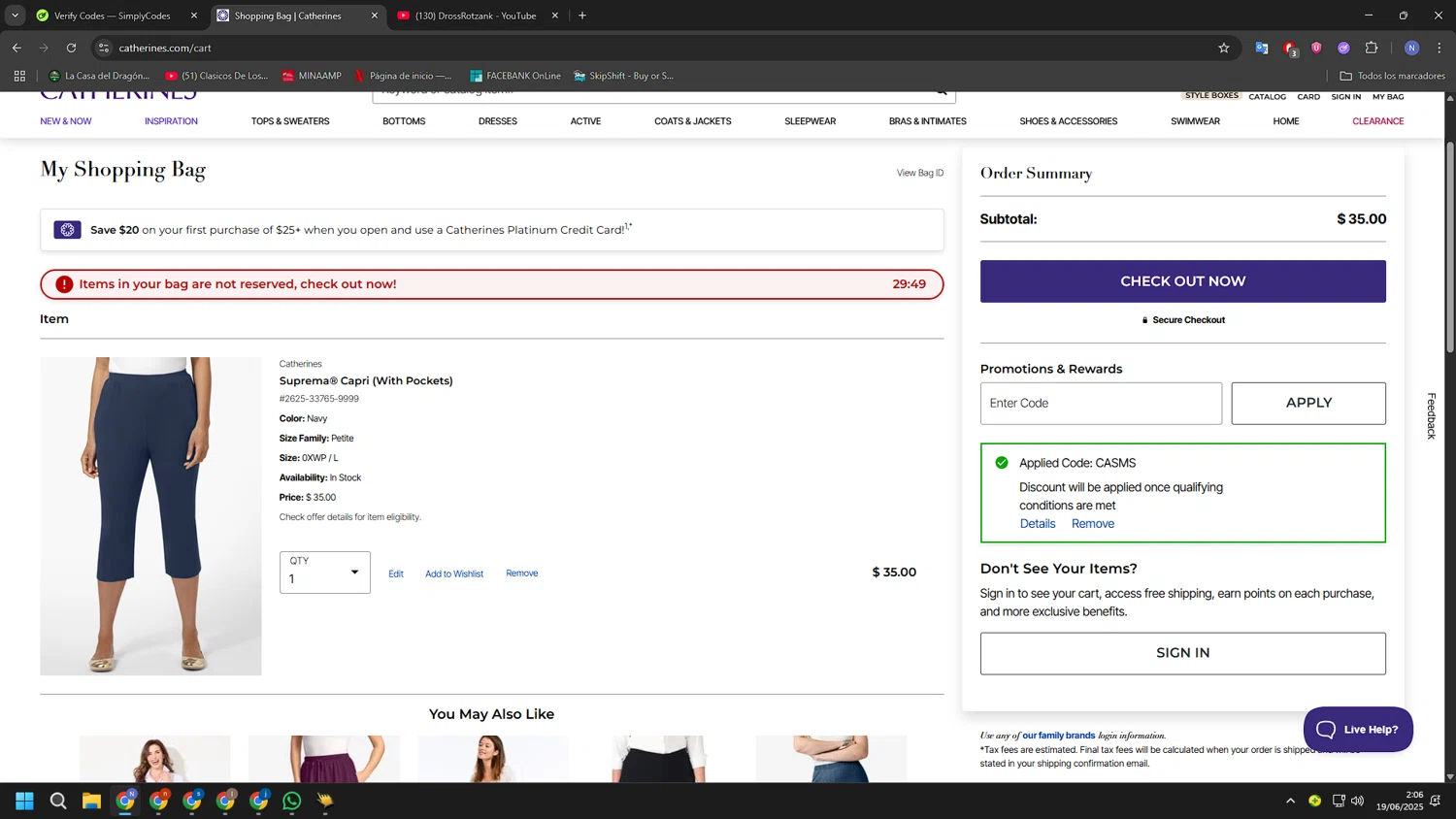 Catherines promo code screenshot showing code CASMS applied at Catherines checkout page. Uploaded by SimplyCodes community member RoyalGuardian2978 on Jun 19, 2025