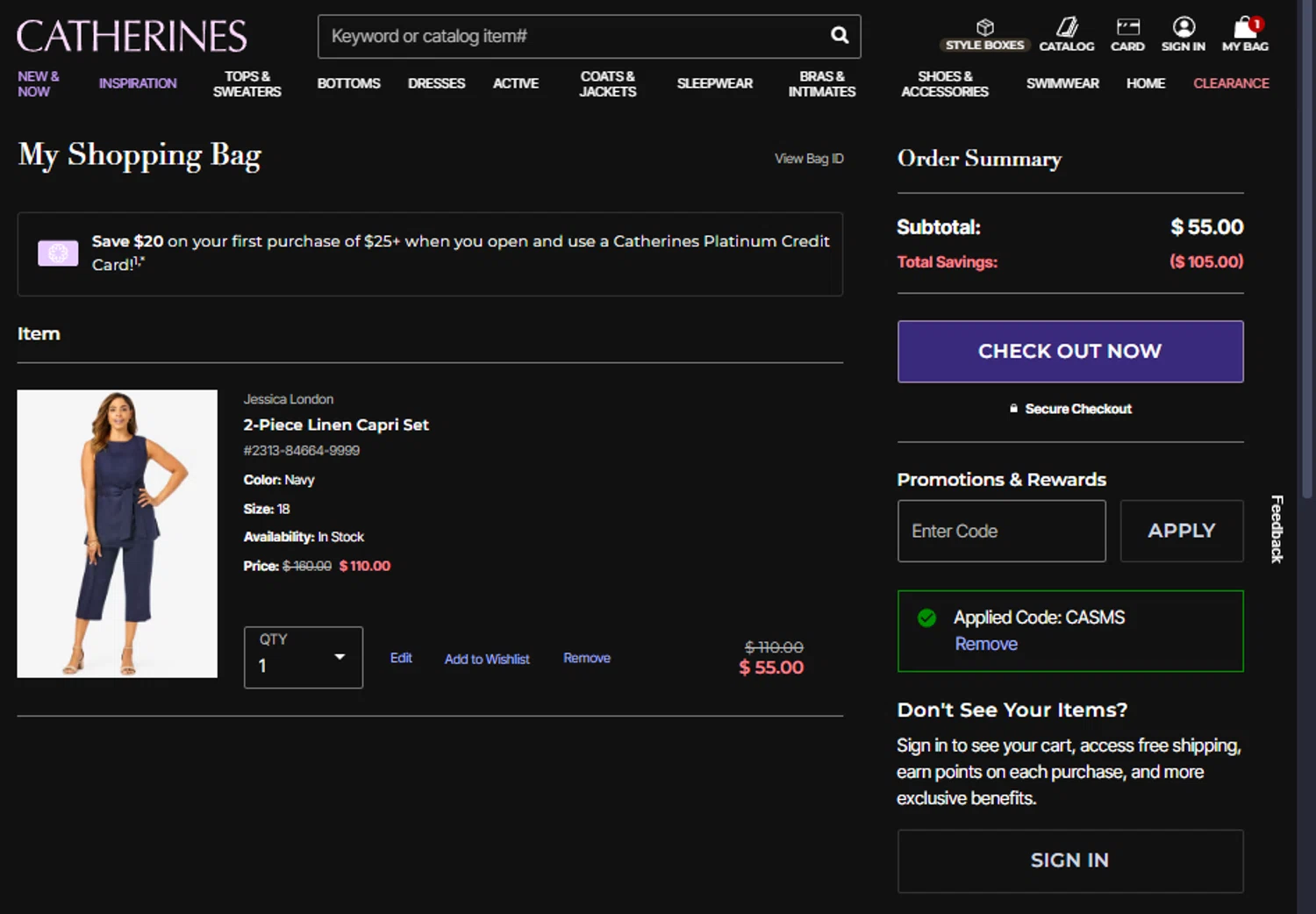 Catherines promo code screenshot showing code CASMS applied at Catherines checkout page. Uploaded by SimplyCodes community member SpiderGwen on May 22, 2025