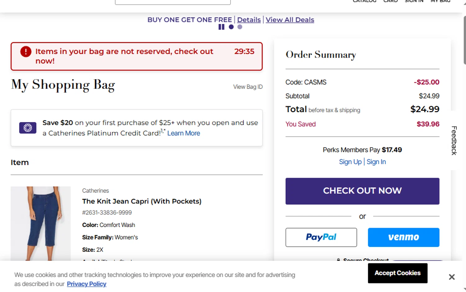 Catherines promo code screenshot showing code CASMS applied at Catherines checkout page. Uploaded by SimplyCodes community member luislopez669902715 on Jun 18, 2025