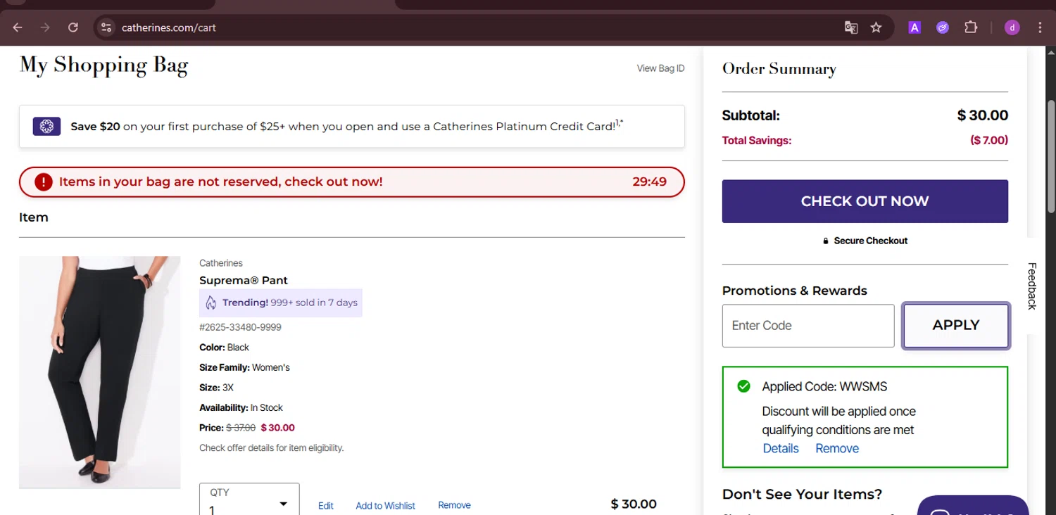 Catherines promo code screenshot showing code WWSMS applied at Catherines checkout page. Uploaded by SimplyCodes community member PennyTiger4891 on Aug 2, 2025