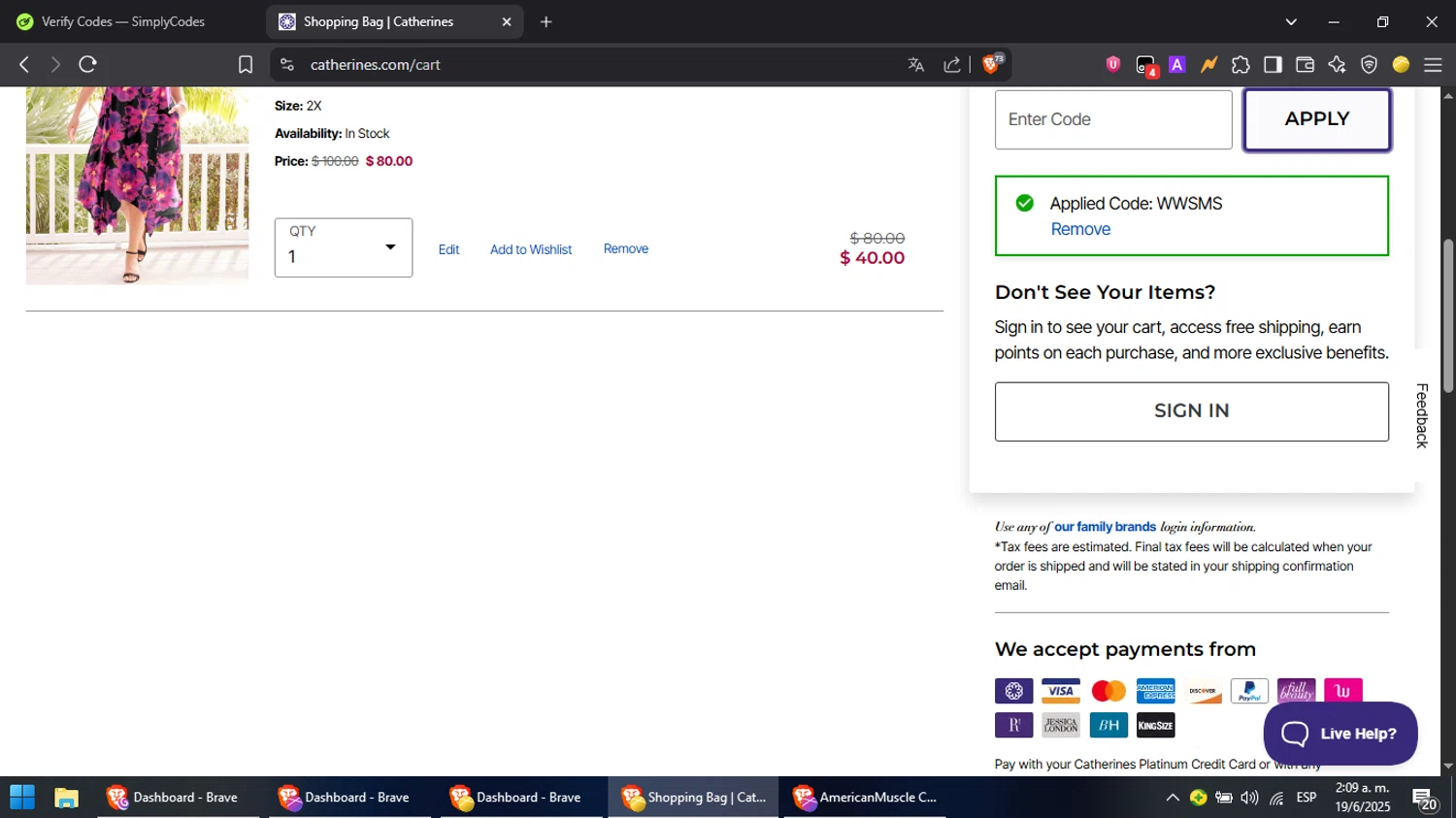 Catherines promo code screenshot showing code WWSMS applied at Catherines checkout page. Uploaded by SimplyCodes community member PromoScout8746 on Jun 19, 2025