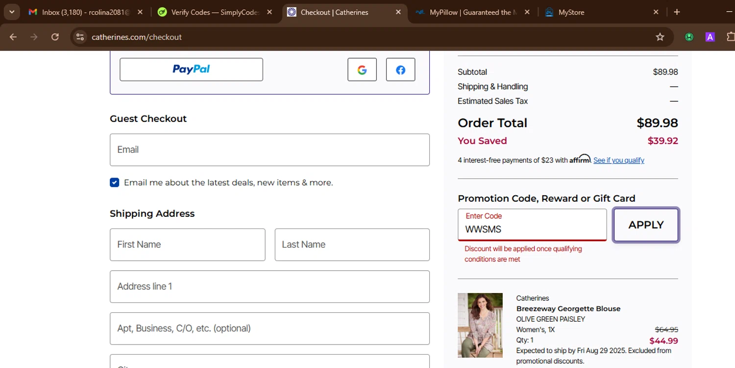 Catherines promo code screenshot showing code WWSMS applied at Catherines checkout page. Uploaded by SimplyCodes community member SnoopDogg on Aug 2, 2025