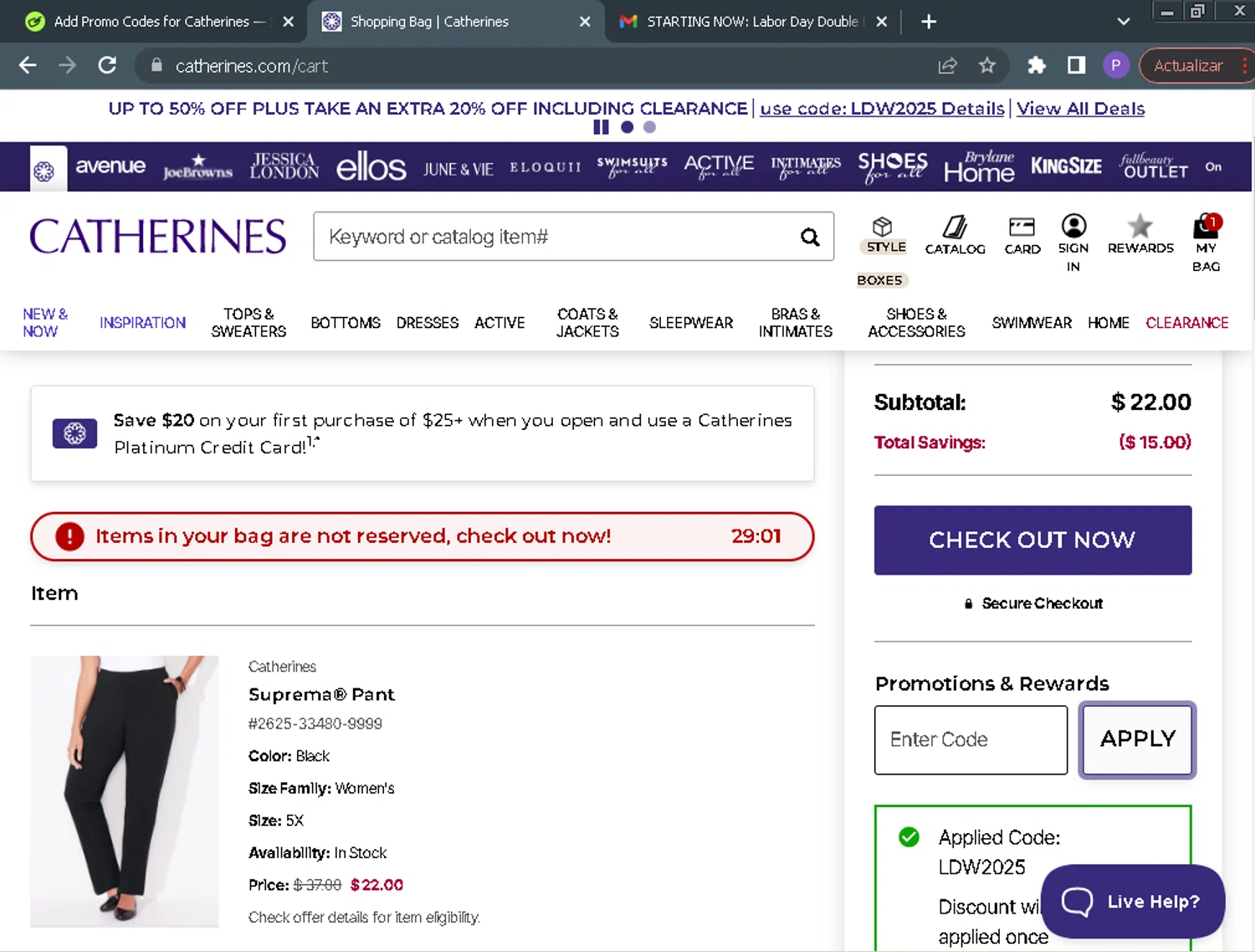 Catherines promo code screenshot showing code LDW2025 applied at Catherines checkout page. Uploaded by SimplyCodes community member ParisAntonio on Aug 28, 2025