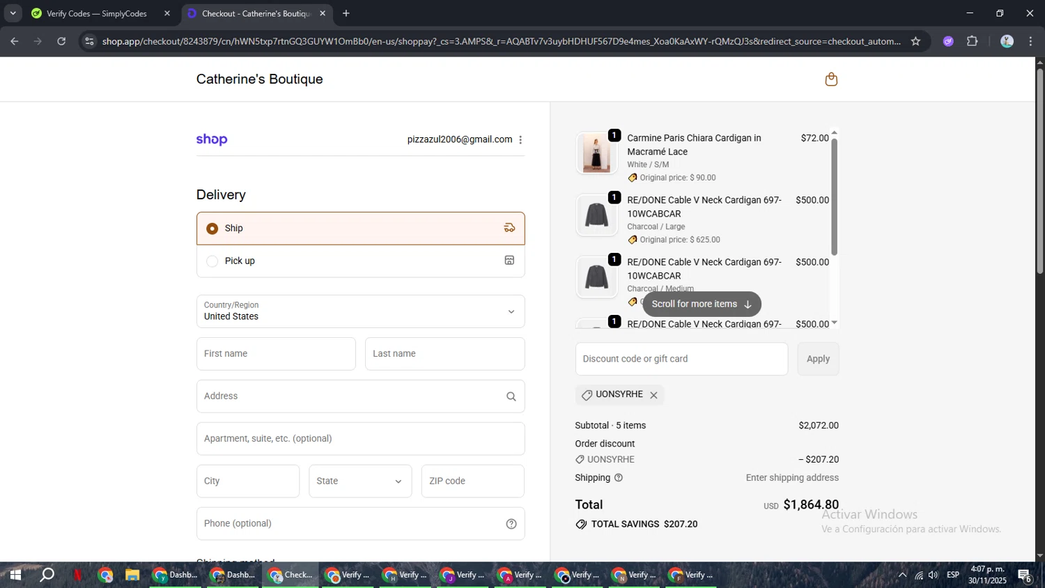 Catherine's Boutique promo code screenshot showing code uonSyRHE applied at Catherine's Boutique checkout page. Uploaded by SimplyCodes community member ShrewdSeeker6165 on Nov 30, 2025