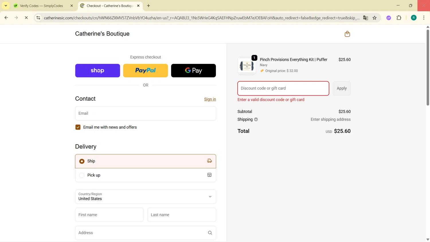 Catherine's Boutique promo code screenshot showing code thankyou applied at Catherine's Boutique checkout page. Uploaded by SimplyCodes community member BargainMonarch6495 on Dec 6, 2025