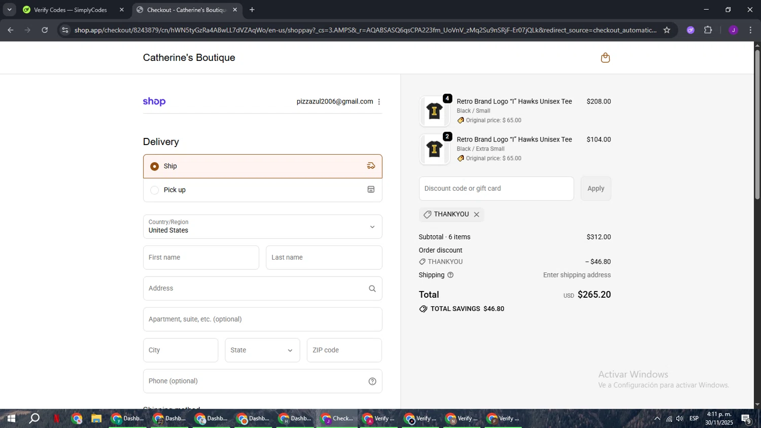 Catherine's Boutique promo code screenshot showing code thankyou applied at Catherine's Boutique checkout page. Uploaded by SimplyCodes community member ComeBurra123 on Nov 30, 2025