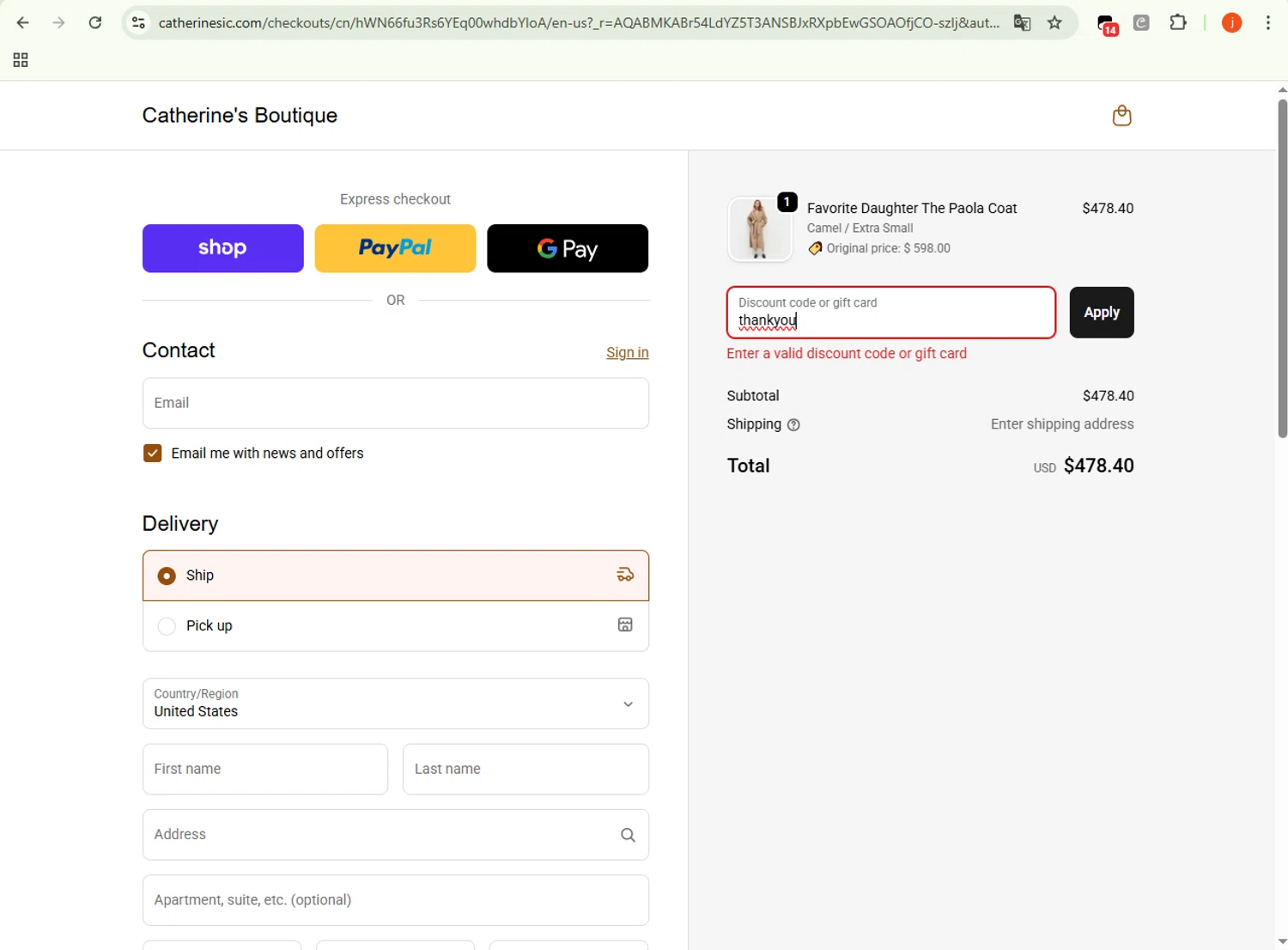 Catherine's Boutique promo code screenshot showing code thankyou applied at Catherine's Boutique checkout page. Uploaded by SimplyCodes community member WonderSpotter5339 on Dec 6, 2025
