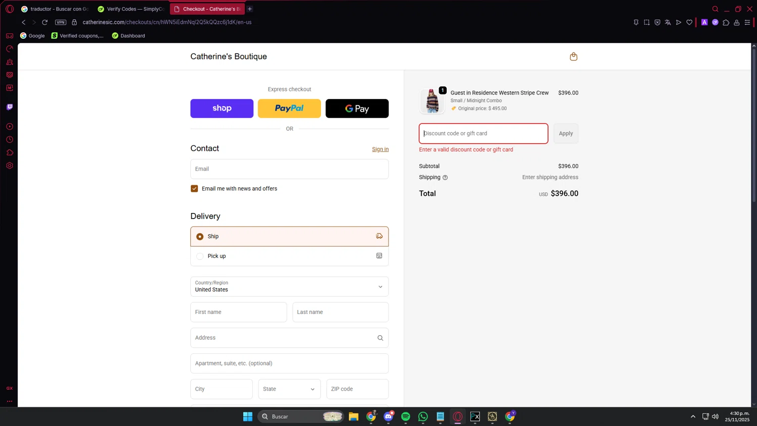 Catherine's Boutique promo code screenshot showing code hello20 applied at Catherine's Boutique checkout page. Uploaded by SimplyCodes community member LuckyVoyager5522 on Nov 25, 2025