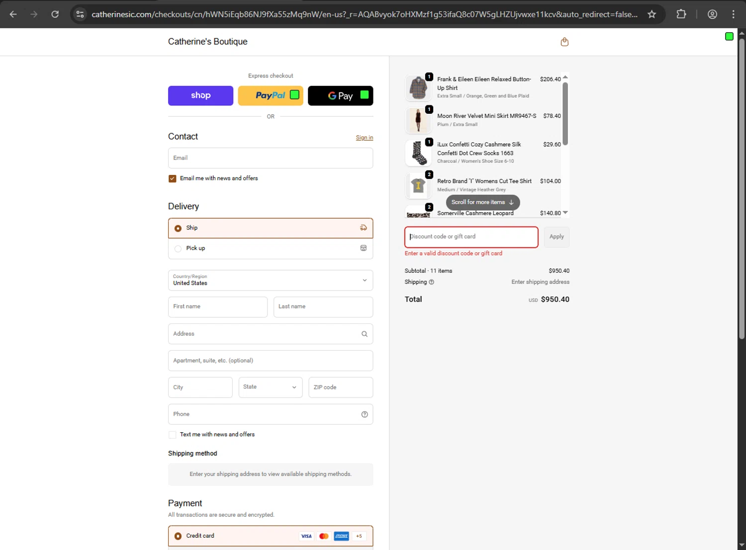 Catherine's Boutique promo code screenshot showing code hello20 applied at Catherine's Boutique checkout page. Uploaded by SimplyCodes community member yessy37 on Nov 25, 2025
