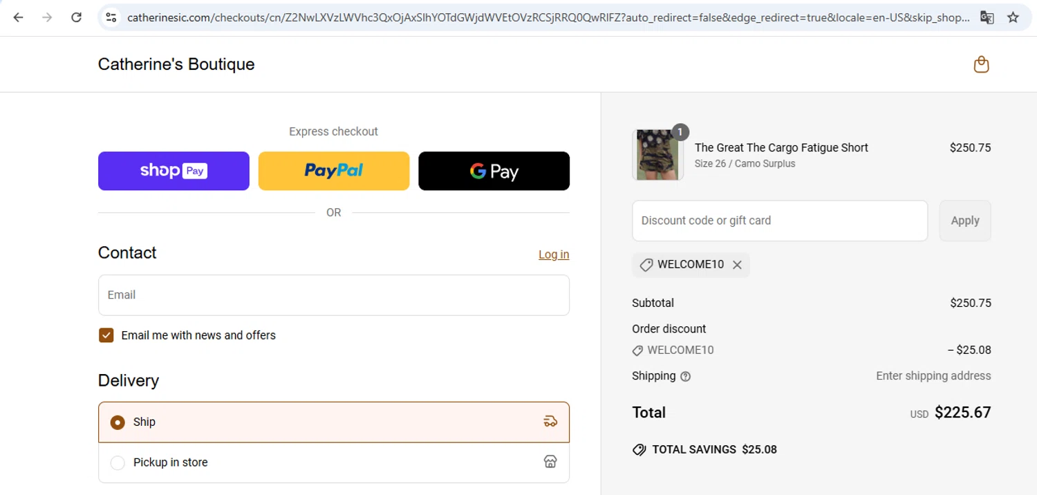 Catherine's Boutique promo code screenshot showing code welcome10 applied at Catherine's Boutique checkout page. Uploaded by SimplyCodes community member carol_lameda on Jun 16, 2025