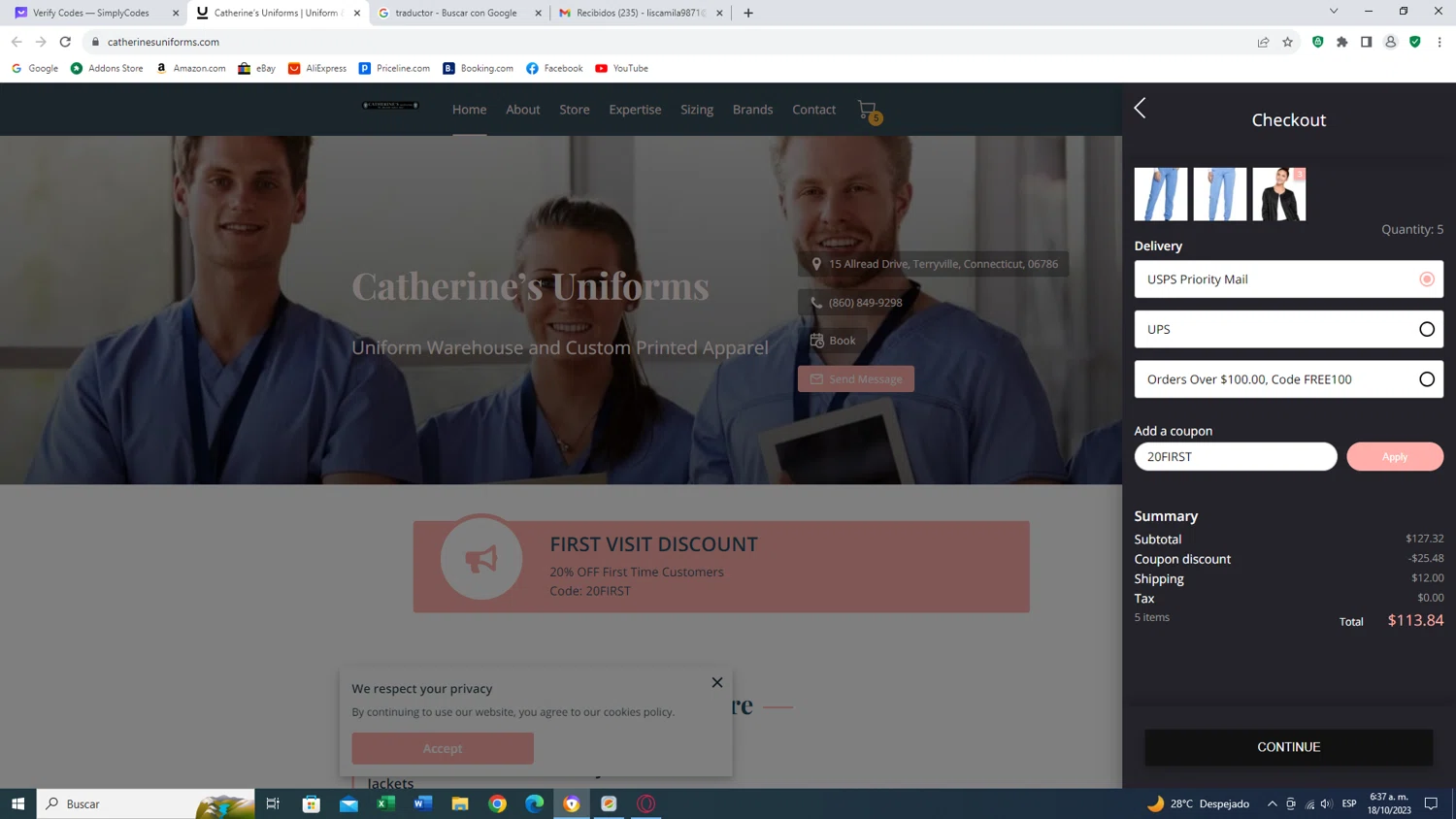 Catherine's Uniforms checkout page showing Catherine's Uniforms promo code box | Screenshot taken by SimplyCodes community member on Oct 18, 2023