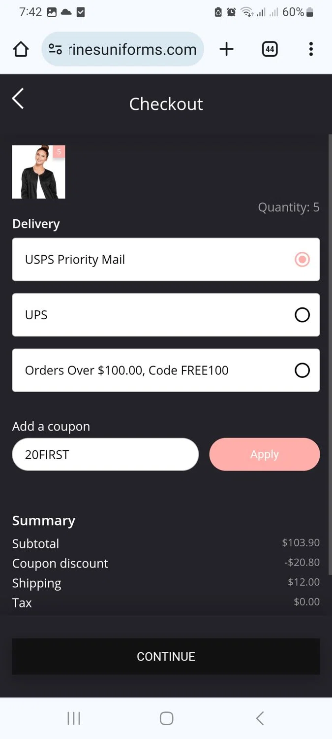 Catherine's Uniforms checkout page showing Catherine's Uniforms promo code box | Screenshot taken by SimplyCodes community member on Apr 9, 2024