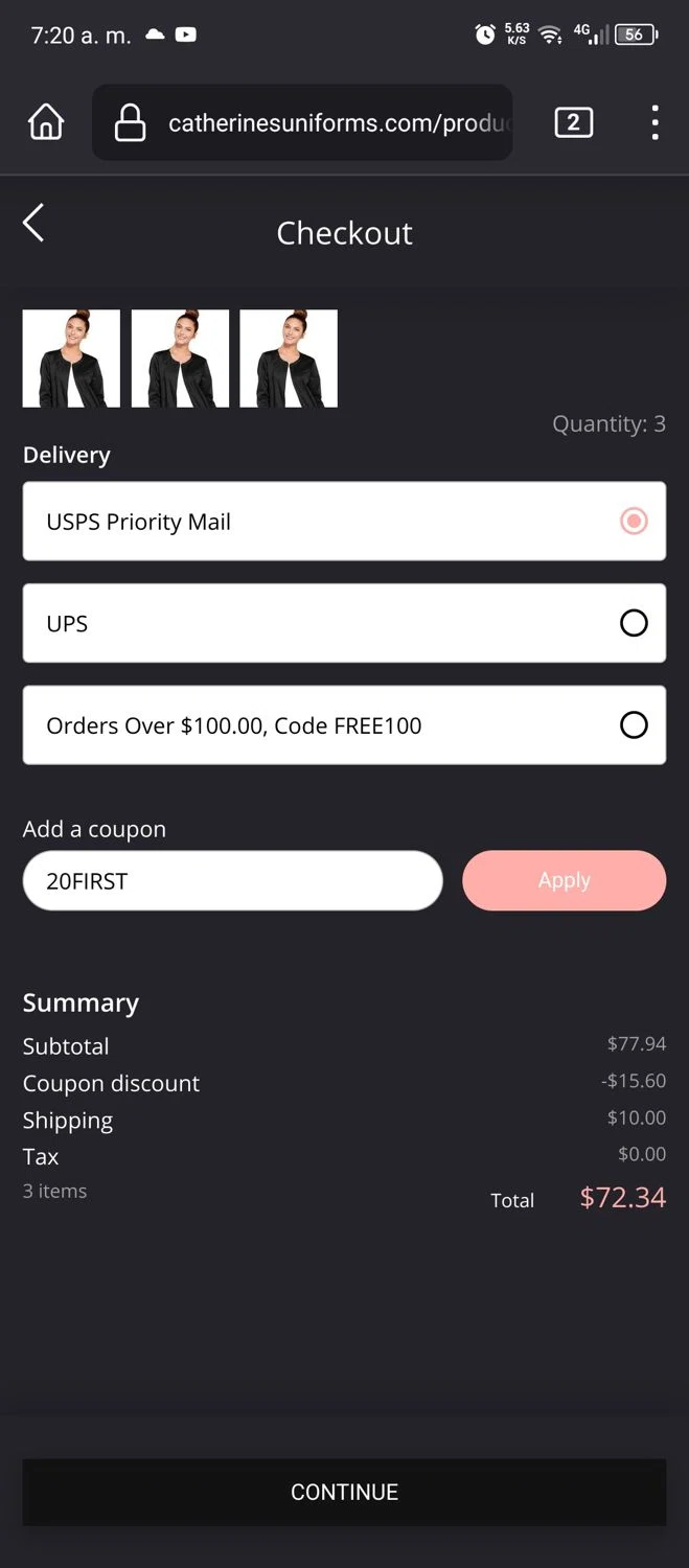 Catherine's Uniforms checkout page showing Catherine's Uniforms promo code box | Screenshot taken by SimplyCodes community member on May 8, 2024
