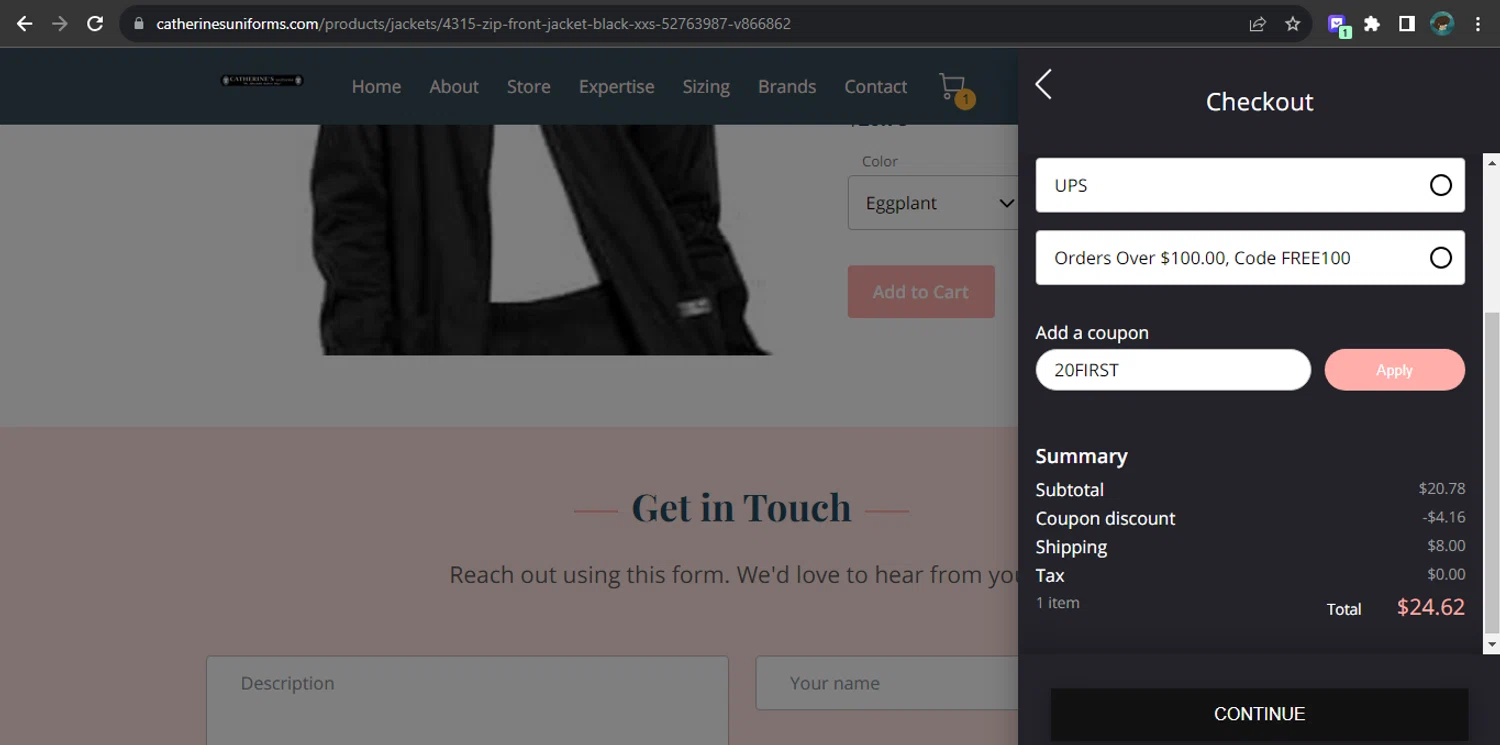 Catherine's Uniforms checkout page showing Catherine's Uniforms promo code box | Screenshot taken by SimplyCodes community member on Sep 20, 2023