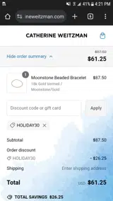 HOLIDAY30 coupon verification screenshot