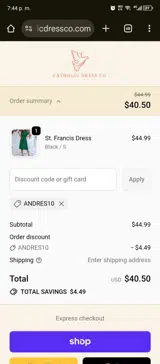 Catholic Dress Co. coupon verification screenshot